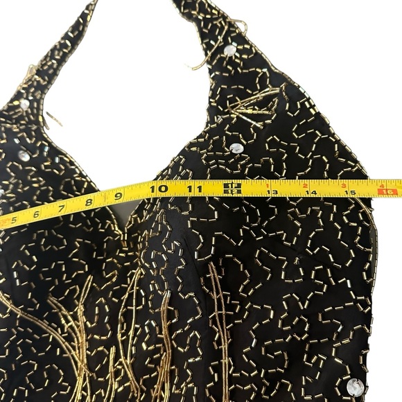 Vintage De Oscar Collection 100% Silk Beaded Fringe Halter Midi Dress Sz 8 EUC - Picture 12 of 16